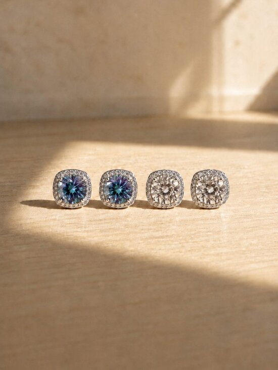 Rainbow Moissanite Stud Earrings - Halo Round Cut, Vibrant  1ct Rainbow Moissanite Cushion Halo Stud Earrings Sterling Silver